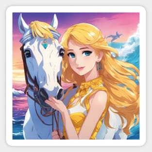 Blonde Anime Girl with White Horse Sticker